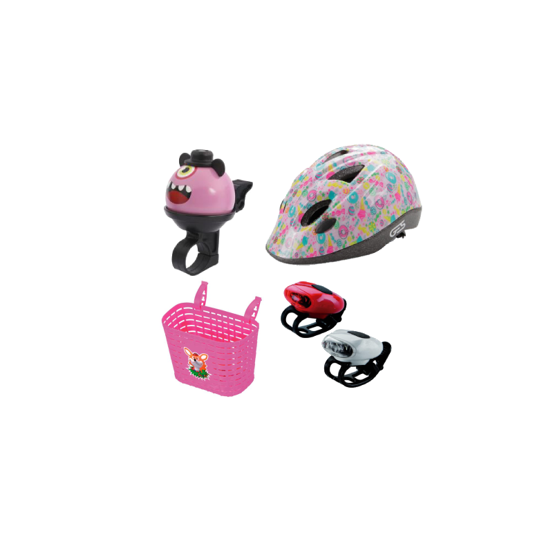 Pack Infantil - Casco, Monstruito y Cesta Rosa